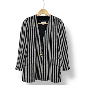 Barcelino Tweed Wool Blend Striped Coat Blazer Women's 8 Black Cream Vintage